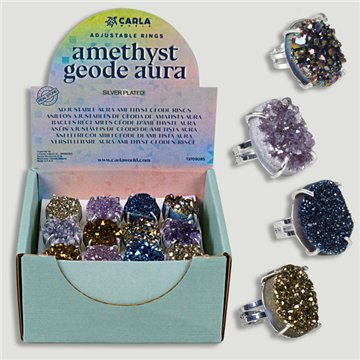 AMETHYST GEODE AURA. Bague réglable en plaqué argent. Minéraux assortis