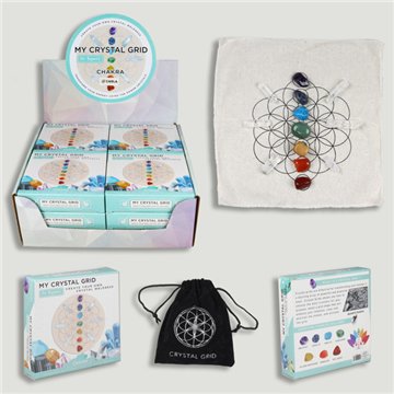 MY CRYSTAL GRID. Kit tissu chakra avec pointes de quartz. 19x19 cm