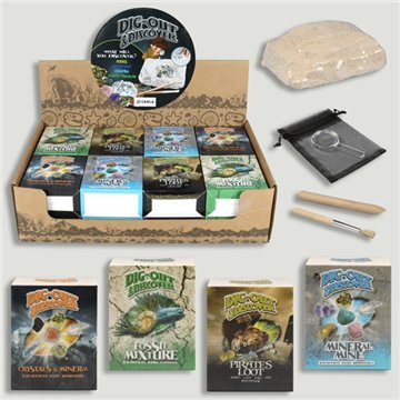 DIGO OUT & DISCORVER.Kit minerales, Gemas, Fósil o Pirata. 8x10 cm