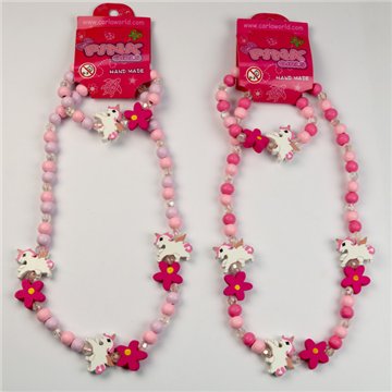 Ensemble collier/bracelet en bois. Licorne. Styles assortis