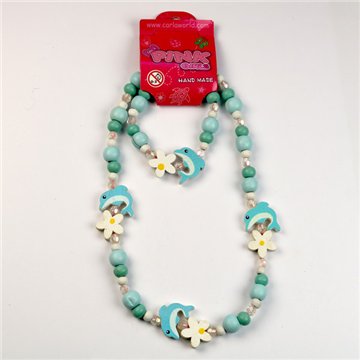 Ensemble collier/bracelet en bois. Dauphin. Styles assortis