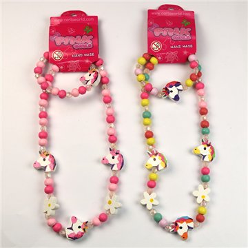 Conjunto collar/pulsera de madera. Unicornios. Modelos surtidos