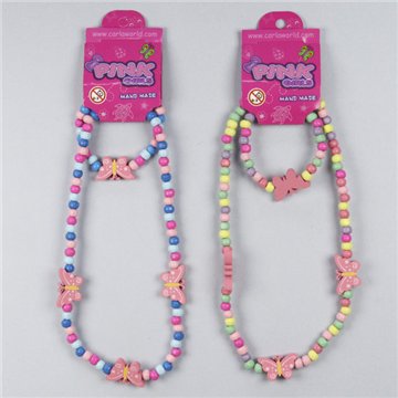 Ensemble collier/bracelet en bois. Papillon rose. Styles assortis