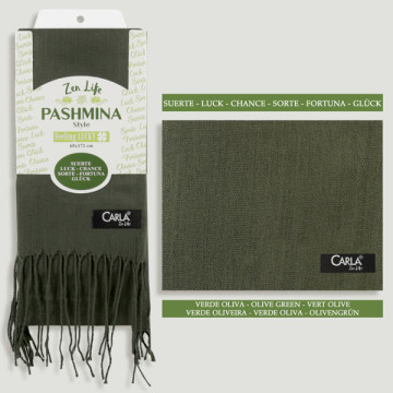 Pashmina 100 % polyester. 68 x 172 cm. Couleur : Olive. Style : Suerte
