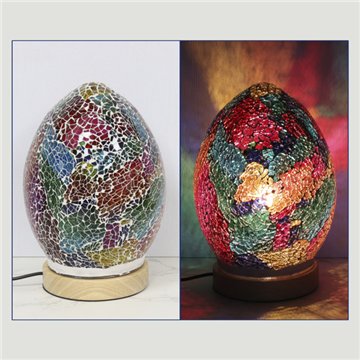 Lámpara mosaico con base de madera. Huevo. Multicolor. 14x14x21cm