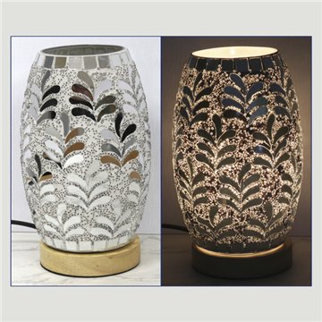 Lámpara paster con base de madera. Oval. Plata. 14x14x21cm