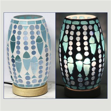 Lámpara paster con base de madera. Oval. Azul. 14x14x21cm