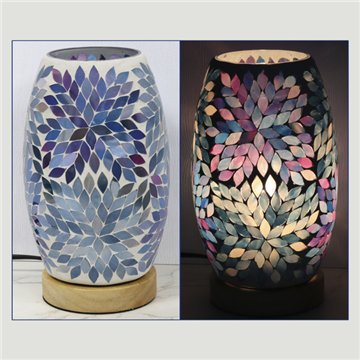 Lámpara paster con base de madera. Oval. Azul/Lila. 14x14x21cm