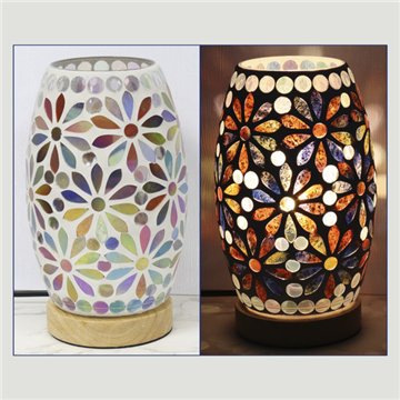 Lámpara paster con base de madera. Oval. Flor. 14x14x21cm