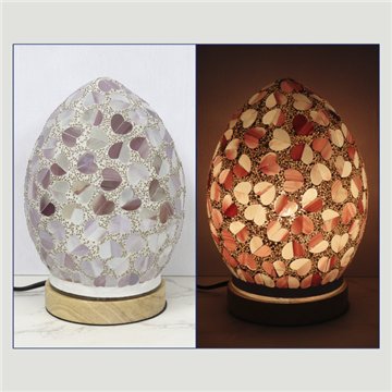 Lámpara paster con base de madera. Huevo. Rosa. 14x14x21cm