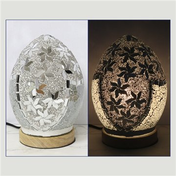 Lámpara paster con base de madera. Huevo. Blanco. 14x14x21cm