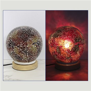 Mosaic lamp with wooden base. Ball. Red. 15x15x17cm