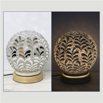 Lámpara paster con base de madera. Bola. Plata. 15x15x17cm