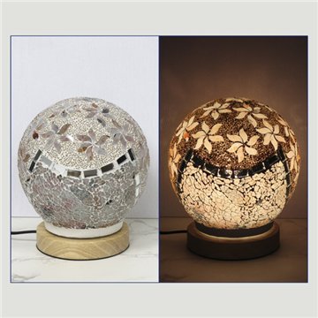 Lámpara paster con base de madera. Bola. Rosa. 15x15x17cm