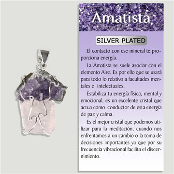 AMETHYST and ROSE QUARTZ. Silver-plated Pendant. Druse and rough stone
