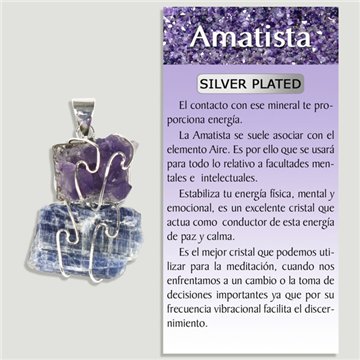 AMETHYST and KYANITE. Silver-plated Pendant. Druse and rough stone
