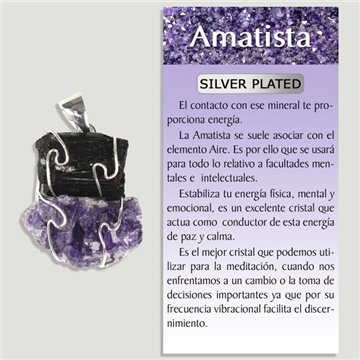 AMETHYST and TOURMALINE. Silver-plated Pendant. Druse and rough stone