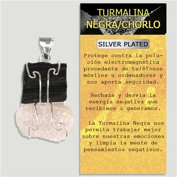 TOURMALINE and ROSE QUARTZ. Silver-plated Pendant. Double rough