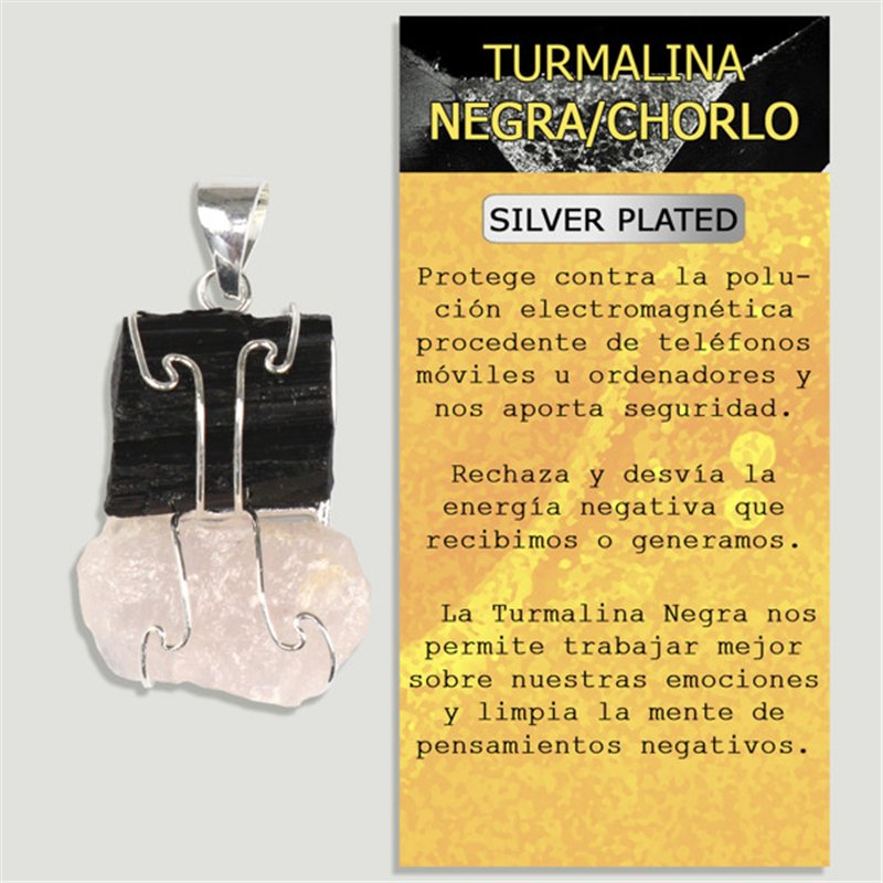 TURMALINA y CUARZO ROSA. Colgante en Silver plated. Doble bruto TURMALINA y CUARZO ROSA. Colgante en Silver plated. Doble bruto