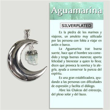 AQUAMARINE. Silver-plated pendant. Moon with point.