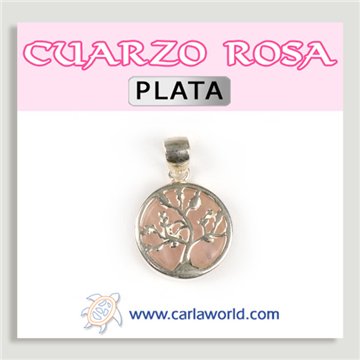 Colgante PLATA. Árbol Vida. Cuarzo Rosa. 18 mm