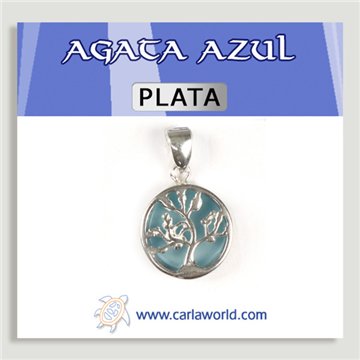 Colgante PLATA. Árbol Vida. Ágata azul. 18 mm
