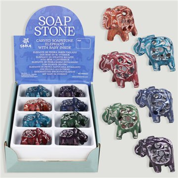 SOAP STONE. Engraved Elephant with babye inside.  Cores variadas. 3X6x5cm