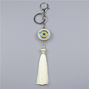 Pom-pom keychain. White Evil Eye