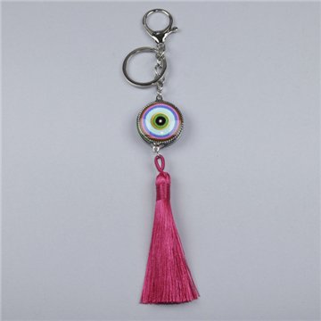 Llavero con pompón. Ojo Turco fucsia