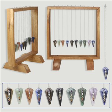 Pendule + Chakras. MINÉRAUX ASSORTIS. Présentoir en bois