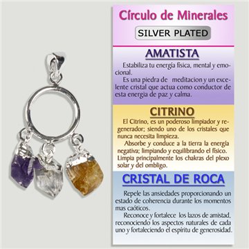 AMÉTHYSTE, CITRINE, QUARTZ CRISTAL. Pendentif plaqué argent. Créole 15 mm à 3 griffes