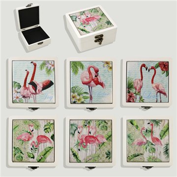 Boîte en bois et céramique. Flamants roses assortis. 12 x 13 x 5,5 cm