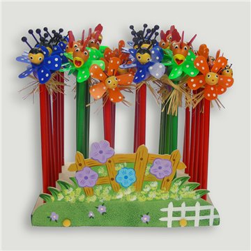 Crayon en bois. Moulin à vent coccinelle. Présentoir en bois. CADEAU.