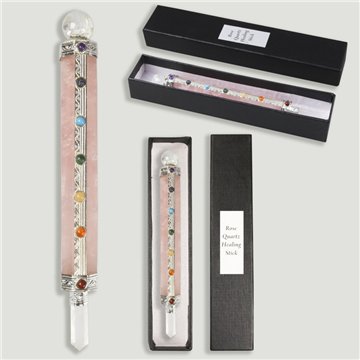 Vara de Poder. Cuarzo rosa. Presentación en caja. 20 cm