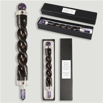 Vara cobre y madera. Bola y punta. Amatista. 23 cm