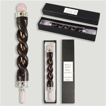 Vara cobre y madera. Bola y punta. Cuarzo rosa. 23 cm