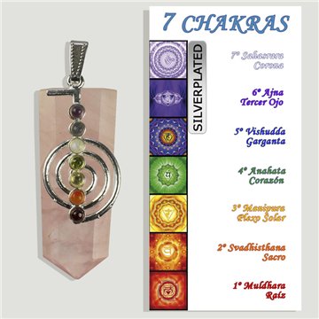 CHAKRA. Colgante punta Cuarzo Rosa plano. Cho Ku Rei con cabujones