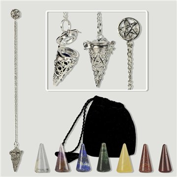 CHAKRA. Pendulo metal PENTAGRAMA cono con set de 7 minerales