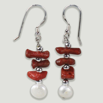 Pendientes plata Perla y mineral. Coral bambú