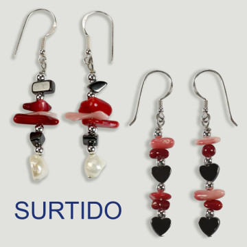 Pendientes plata Perla y mineral. Coral bambú. Surtidos