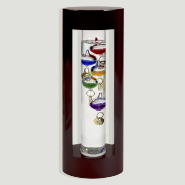 Galileo glass thermometer with wooden stand. 9x23cm