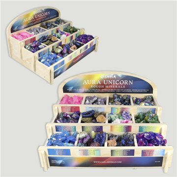 AURA UNICORN. Wooden Display Stand with Raw Unicorns. 360 units