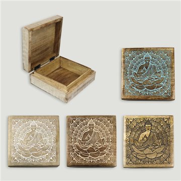 Wooden Buddha box. Assorted colors. 18x18x8cm