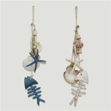 Mobile poisson en bois, coquillages et étoile pointue. 65cm. assorti