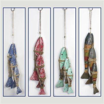 Wooden mobile 3 fish with rope. Assorted colors. 60cm
