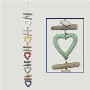 Móvil madera tronquitos 5 corazones multicolor. 90cm. 