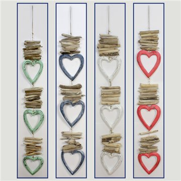 Wooden mobile 3 heart with trunks. Assorted colors. 100cm