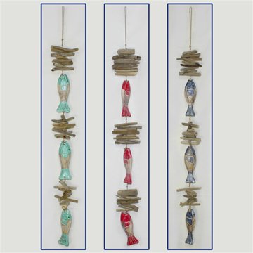 Mobile en bois 3 poissons avec trompes. Couleurs assorties. 100cm
