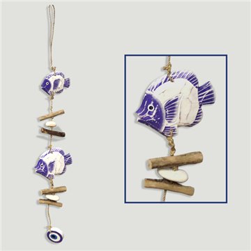 Mobile en bois et coffres 2 poissons + oeil lilas. 40-50cm.