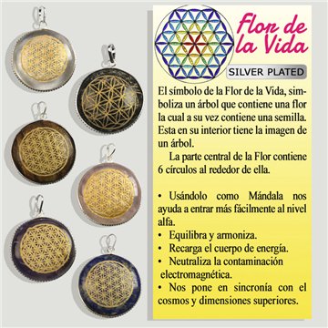 Fleur de Vie. Pendentif plaqué argent. Minéraux assortis